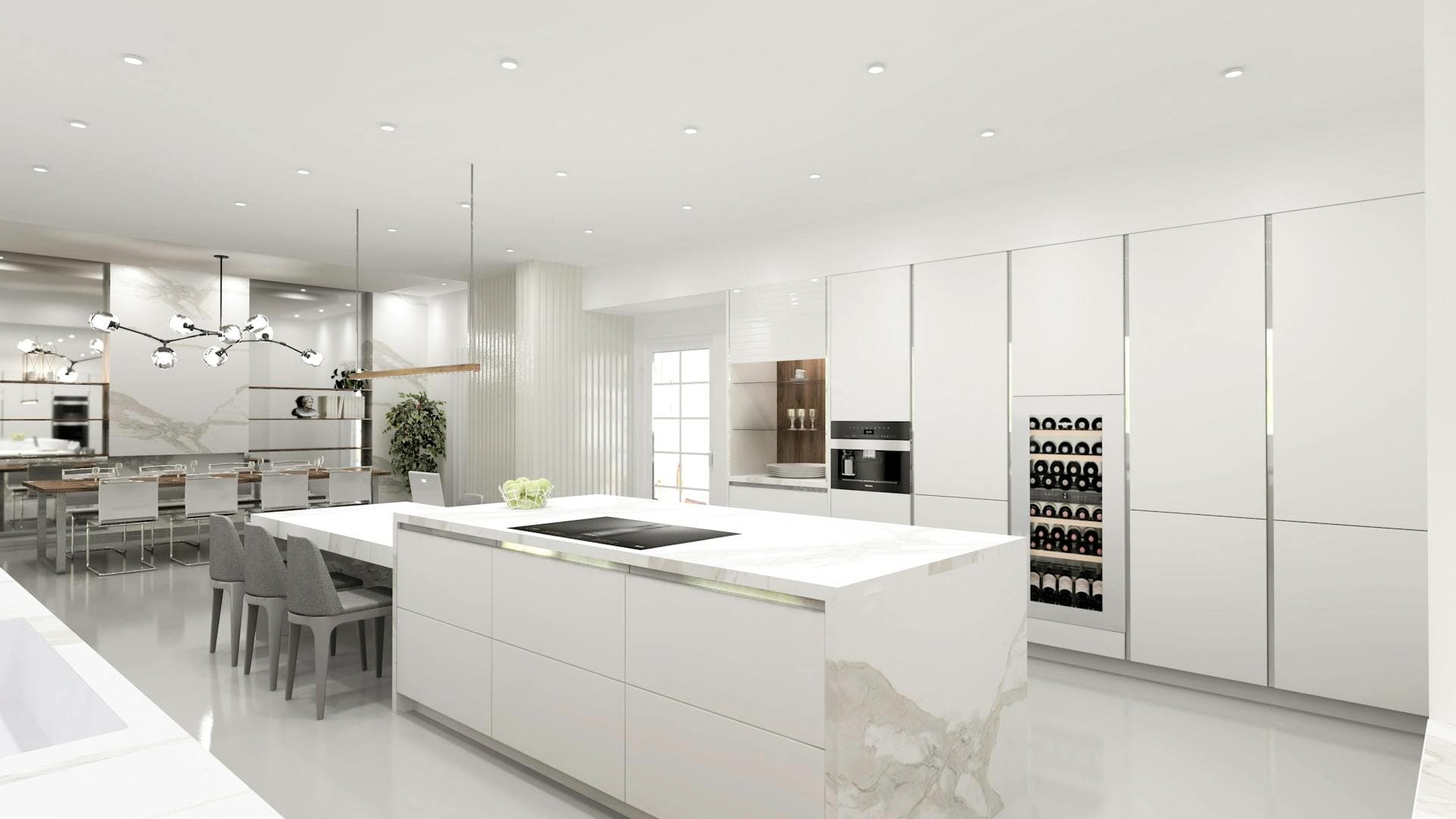Modern kitchen with a white marble waterfall-edge island